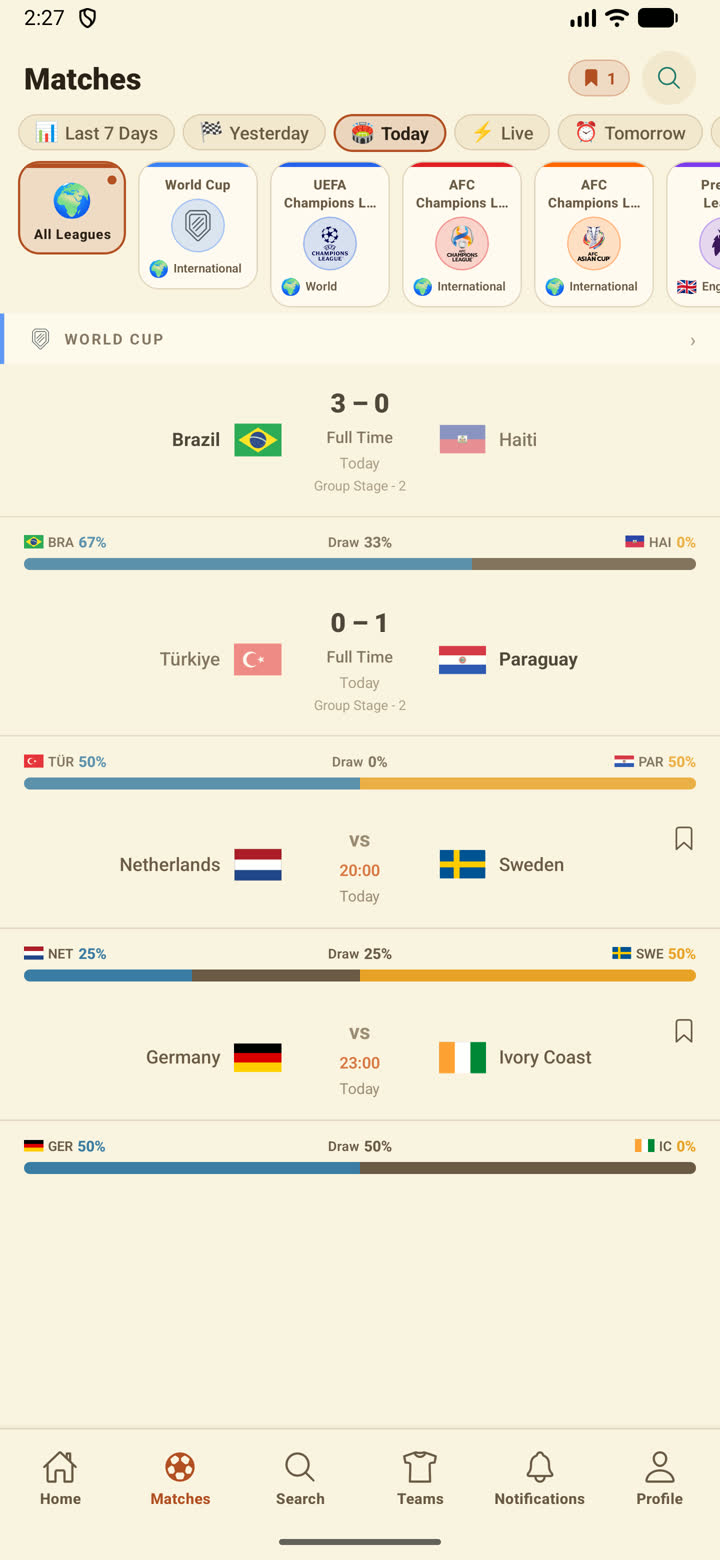 Matches schedule with date and league filters