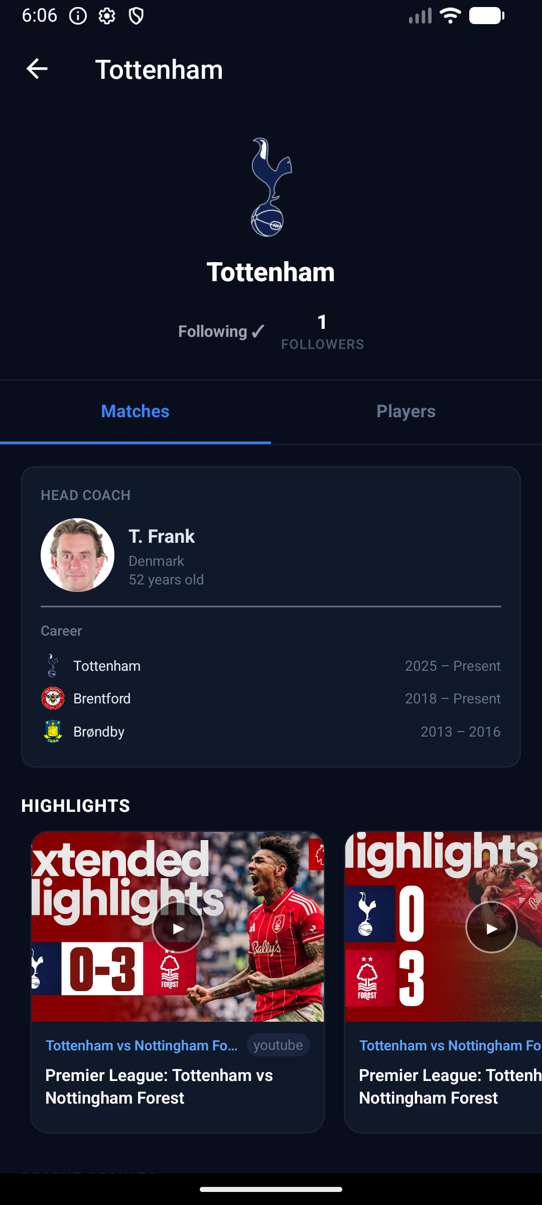 Team detail screen with coach info and match highlights